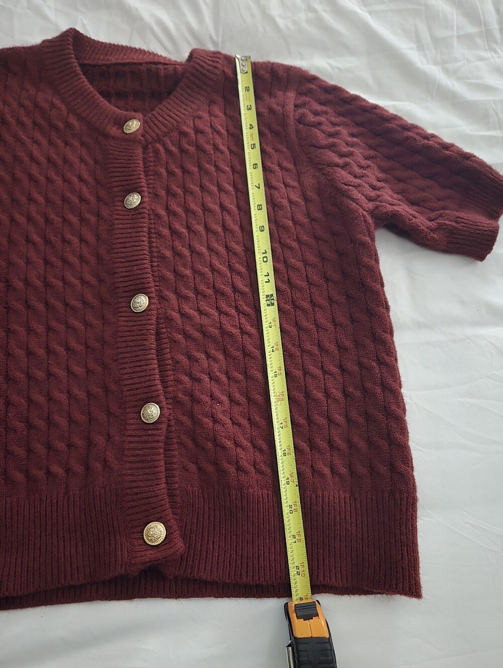 Women's Short Sleeved Maroon Cableknit Cardigan - Picture 6 of 7